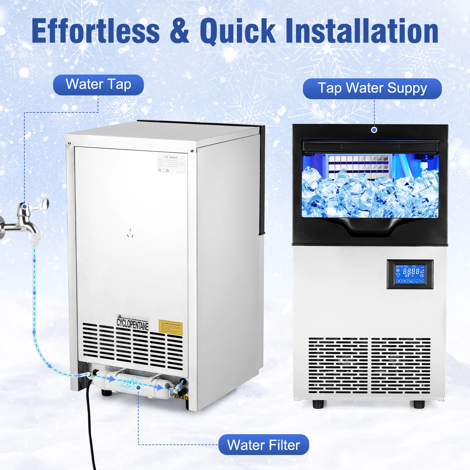 Commercial Ice Maker Machine,Freestanding/Under Counter Stainless Steel Ice Machine,90Lbs/24 Hour with 30Lbs Ice Storage Capacit