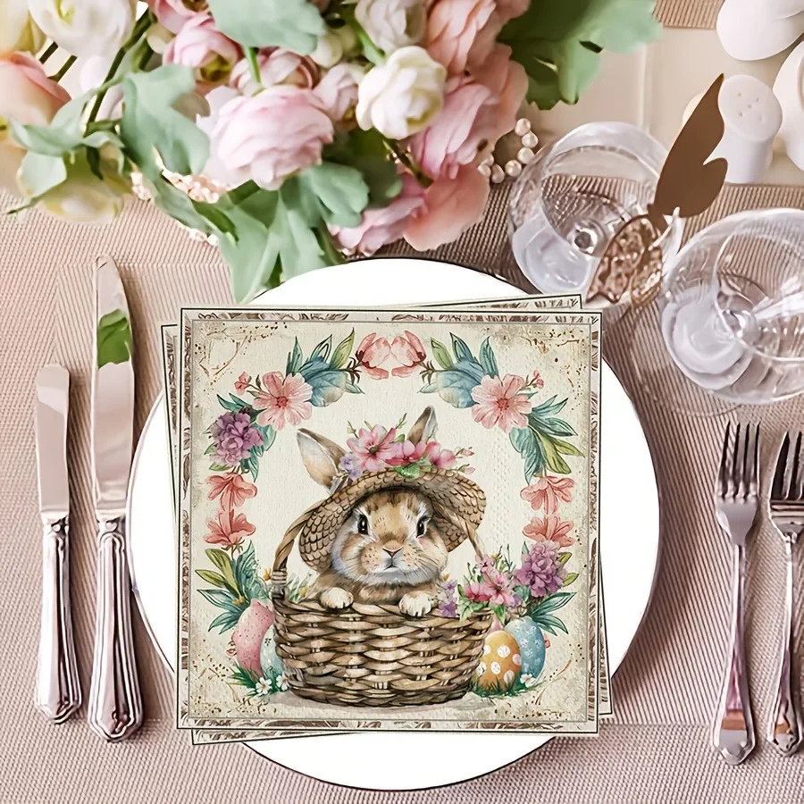 Easter Bunny Flower Basket Napkins Sqaure Disposable Paper Placemat for Party Holiday Event Dinner Table Setting Decoration