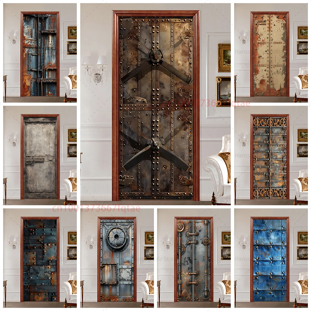 

Retro Iron Steel Design Door Wrap Sticker, Vintage Rust Steel Iron Gate Door Art Decals Wallpaper