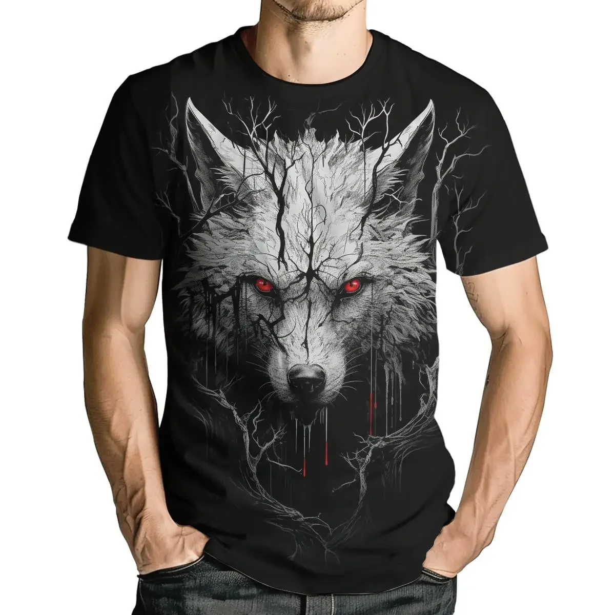 Neues Retro-Style 3D-Wolf-Print Herren-T-Shirt Sommer Alltags-Casual-T-Shirt Outdoor Street Herren Mode Street Kurzarm-Shirt