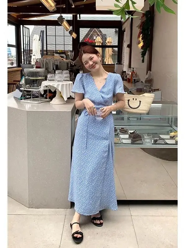 Loose Floral Print V-Ne Midi Dr Women's Summer Casual Sle High Waist A-Line Skirt Polyester Fabric ort Sve Dr