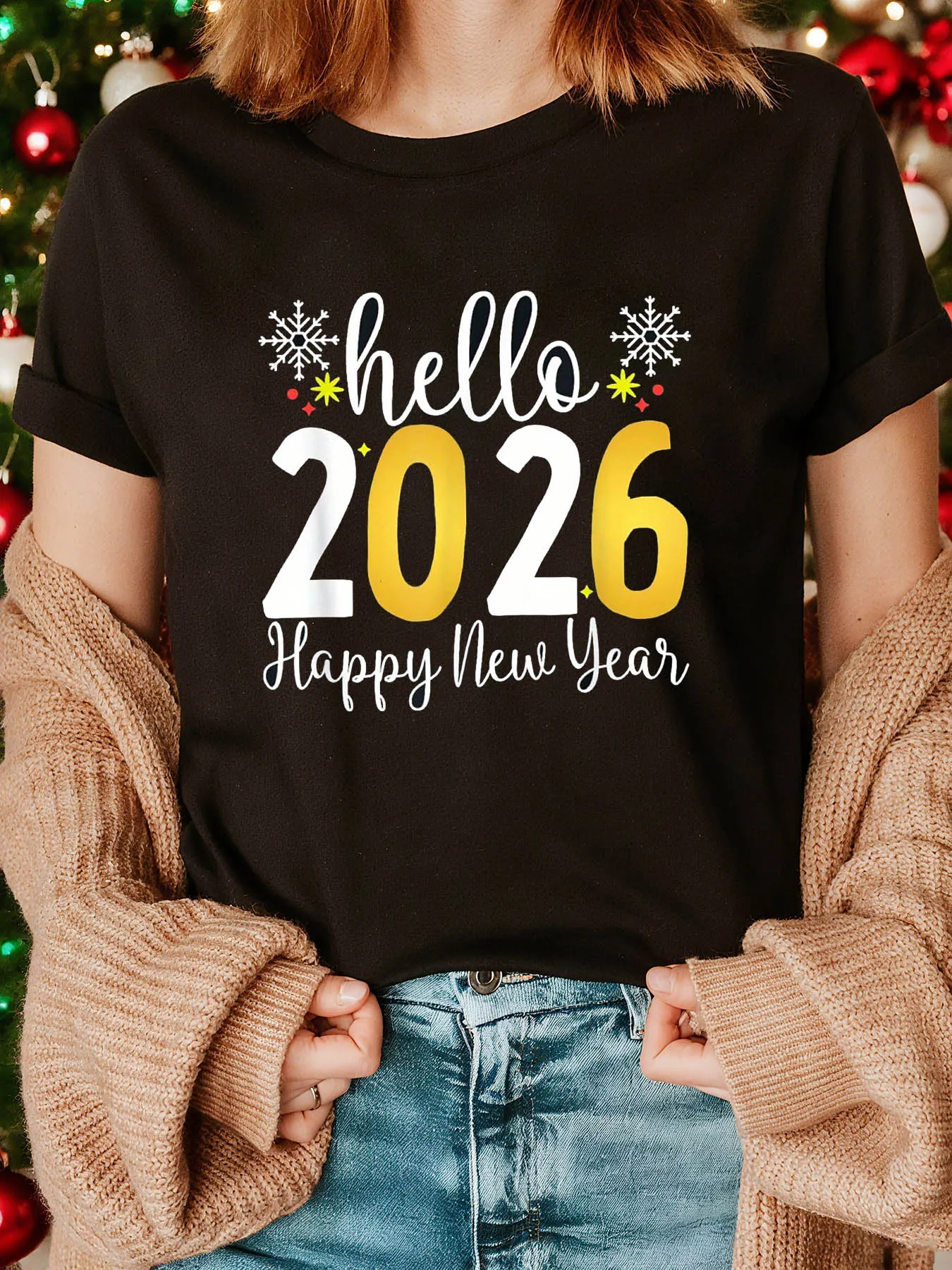 

Женская футболка с принтом «С Новым годом 2026» и рождественским дизайном, с круглым вырезом, удобная посадка, короткий рукав, повседневная летняя одежда