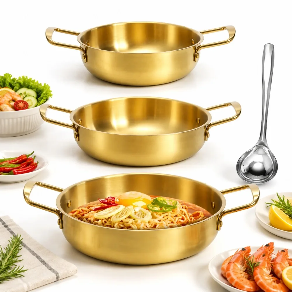 Profi-Koreanisches Edelstahl-Topfset, 4-teilig, 3 Töpfe, 1 Löffel, Ramen-Nudelsuppen-Kochgeschirr, Utility-Werkzeugset, Pro Max Essentials Plus Exts