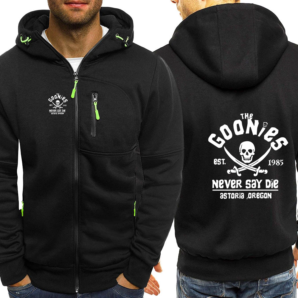 

The Goonies Never Say Die, новинка 2025, весенне-осенняя мужская трехцветная модная уличная одежда на молнии с капюшоном, повседневная куртка с карманами