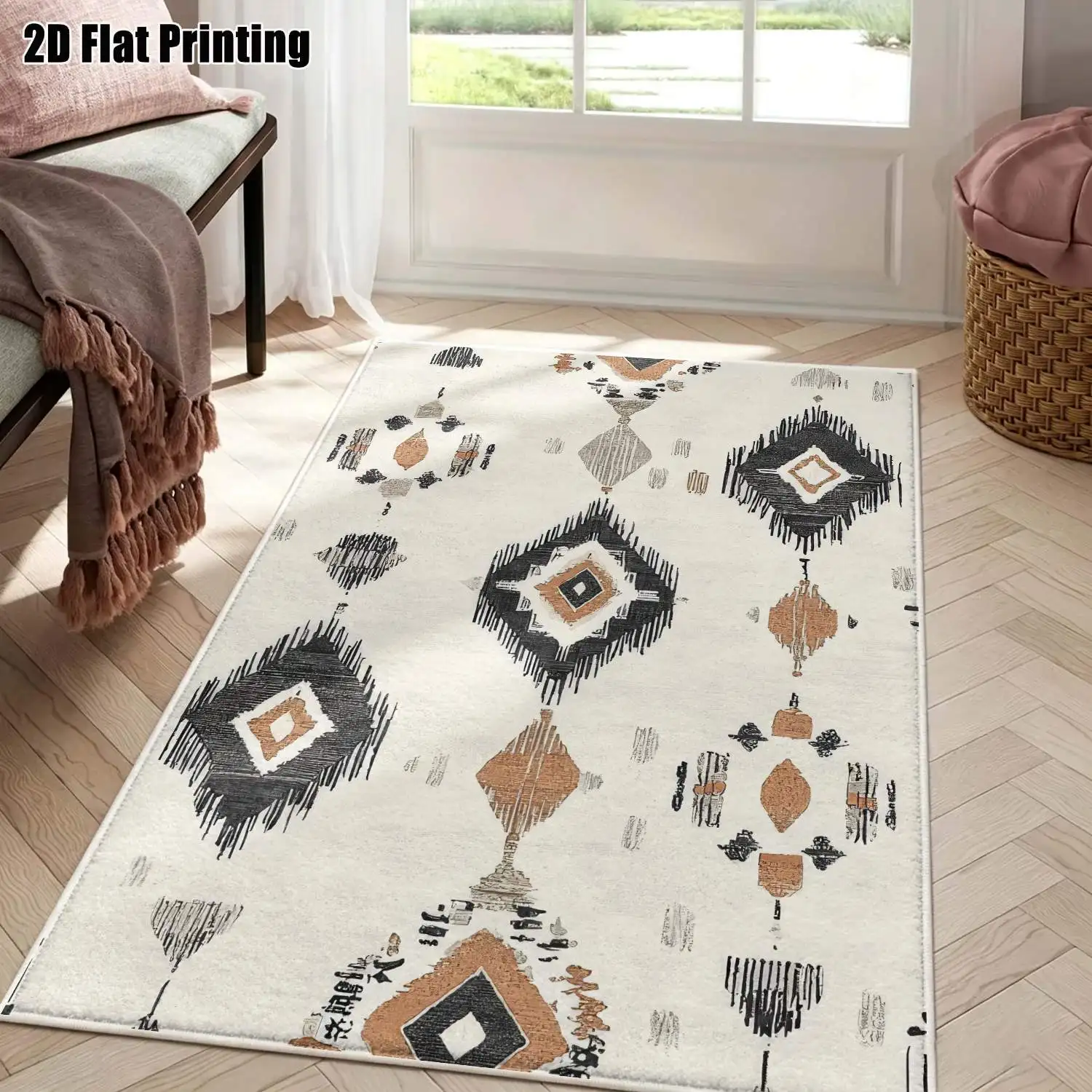 1Pc 2D Printed Velvet Geometric Diamond Carpet, Nordic Style, Machine Washable, Multi-Size for Home Decor, Multi-Scenario Use