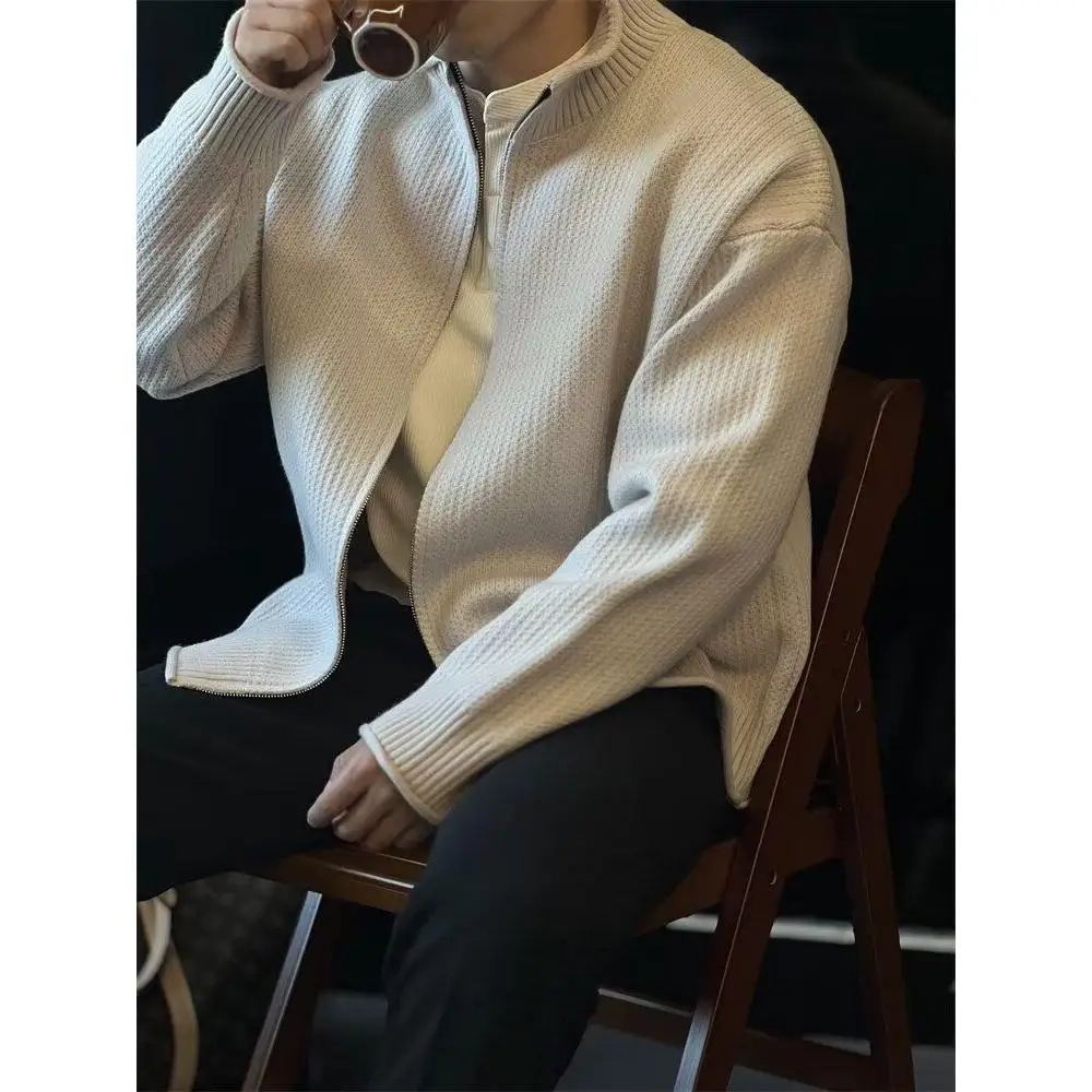 

Thiened теплый вязаный свитер на молнии для мужчин с воротником-стойкой, осень-зима, облегающая основа, легкий уход, длинный топ све