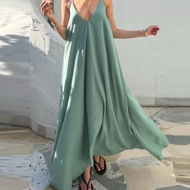 HXAO 2025 Womens Dresses Slip Long Dresses Elegant Green Red Black Dress V-Neck Sleeveless Backless Vestido Casual Women's Dress