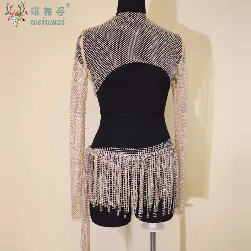 

BellyDance Practice Top for Women Long Sleeve Full Diamond Shawl Girls Oriental Dance Modern Dance Sparkling Training Clothing