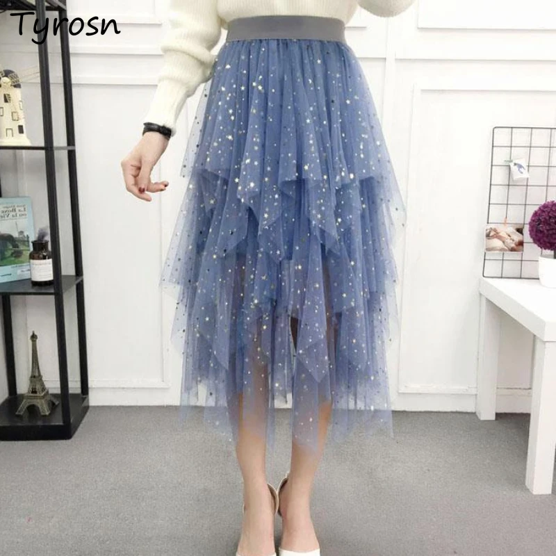 

Empire Asymmetrical Skirts Women Ball Gown Mesh Sequins Elegant Bling Streetwear Chic Hipster Japanese Style All-match Summer