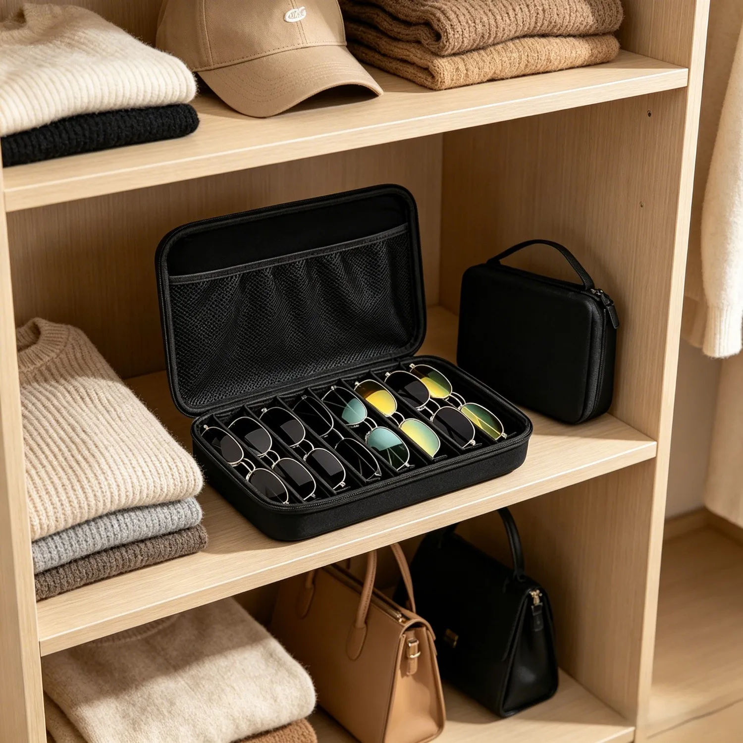 Portable 8 Compartment Eyewear Case Hard Shell Glasses Organizer Box For Sun Reading Specs Travel Home Storage Black