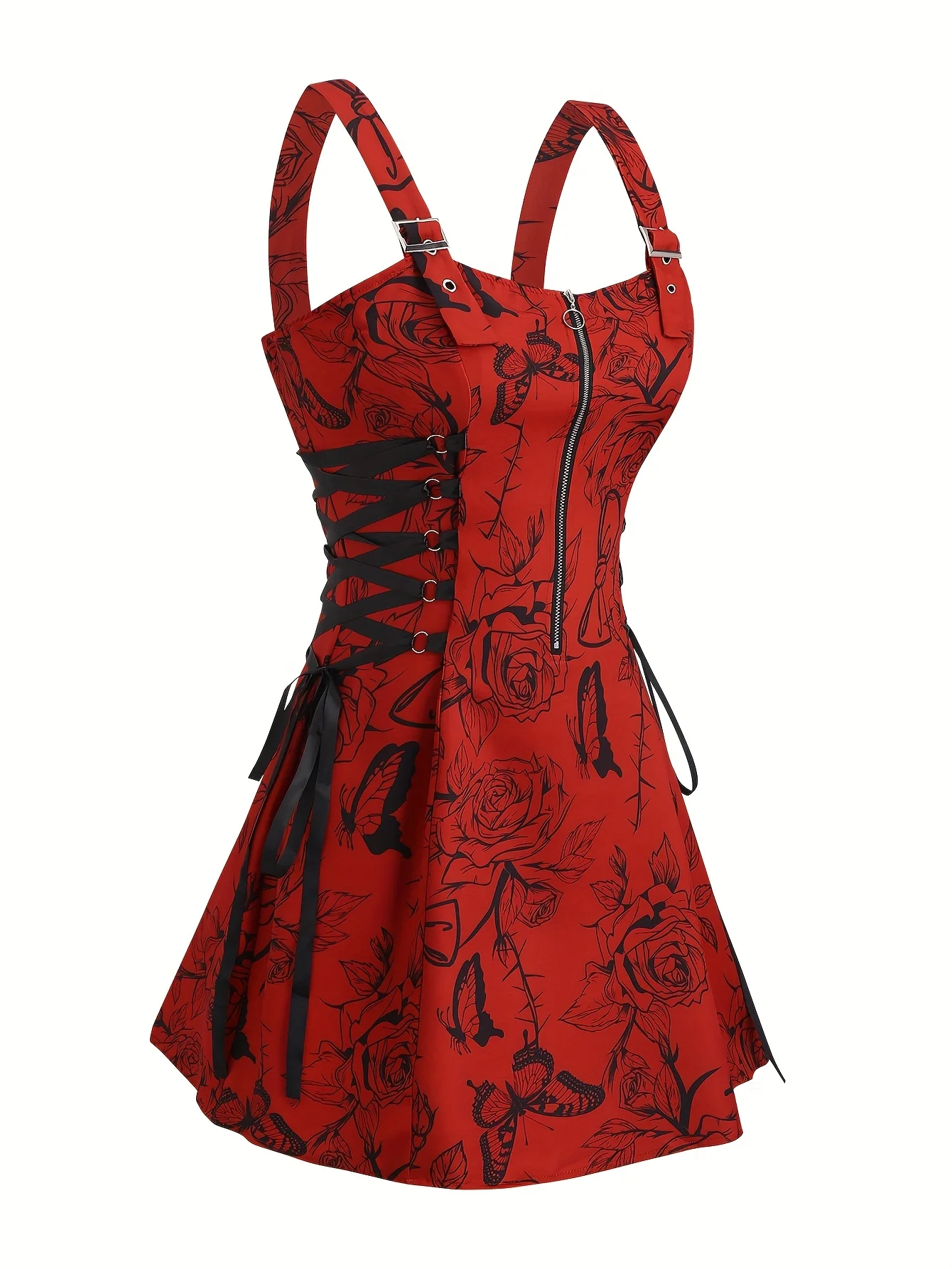 European and American trend oversized ladies slimming shoulder strap zipper full print skull pattern dress