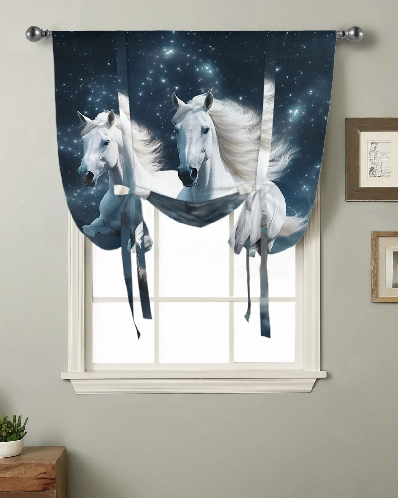 

Horse Starry Sky Clouds Kitchen Short Window Curtain Rod Pocket Curtains Home Decor Bedroom Small Window Roman Tie Up Curtains