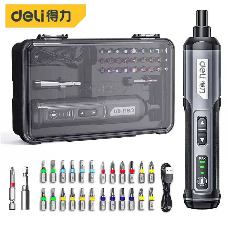 DELI Mini Electric Screwdriver Set 4V Smart Cordless Electric Screwdrivers TYPE-C Rechargeable 26 Bit Set Drill Power Tools Kit