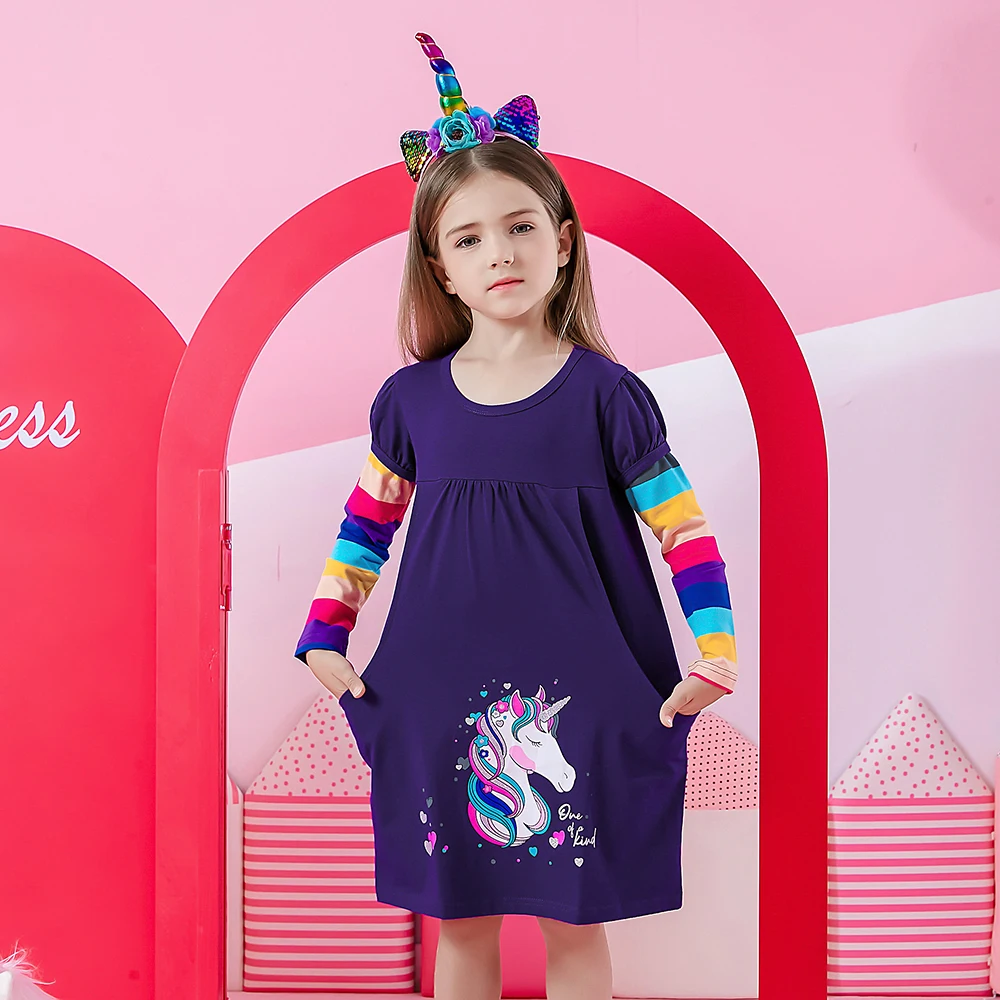 DXTON Kids Dress for Girls Autumn Winter Long Sleeve Cotton Dress Rainbow Unicorn Cartoon Print Casual Wear Children Clothes