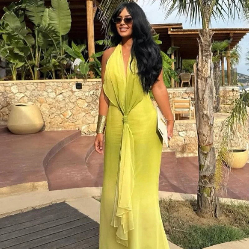 HXAO Abito da donna Tie Dye Halter Dress Estate 2025 Abiti da sera eleganti per feste Chic Lace-Up Backless Senza maniche Maxi Vestido