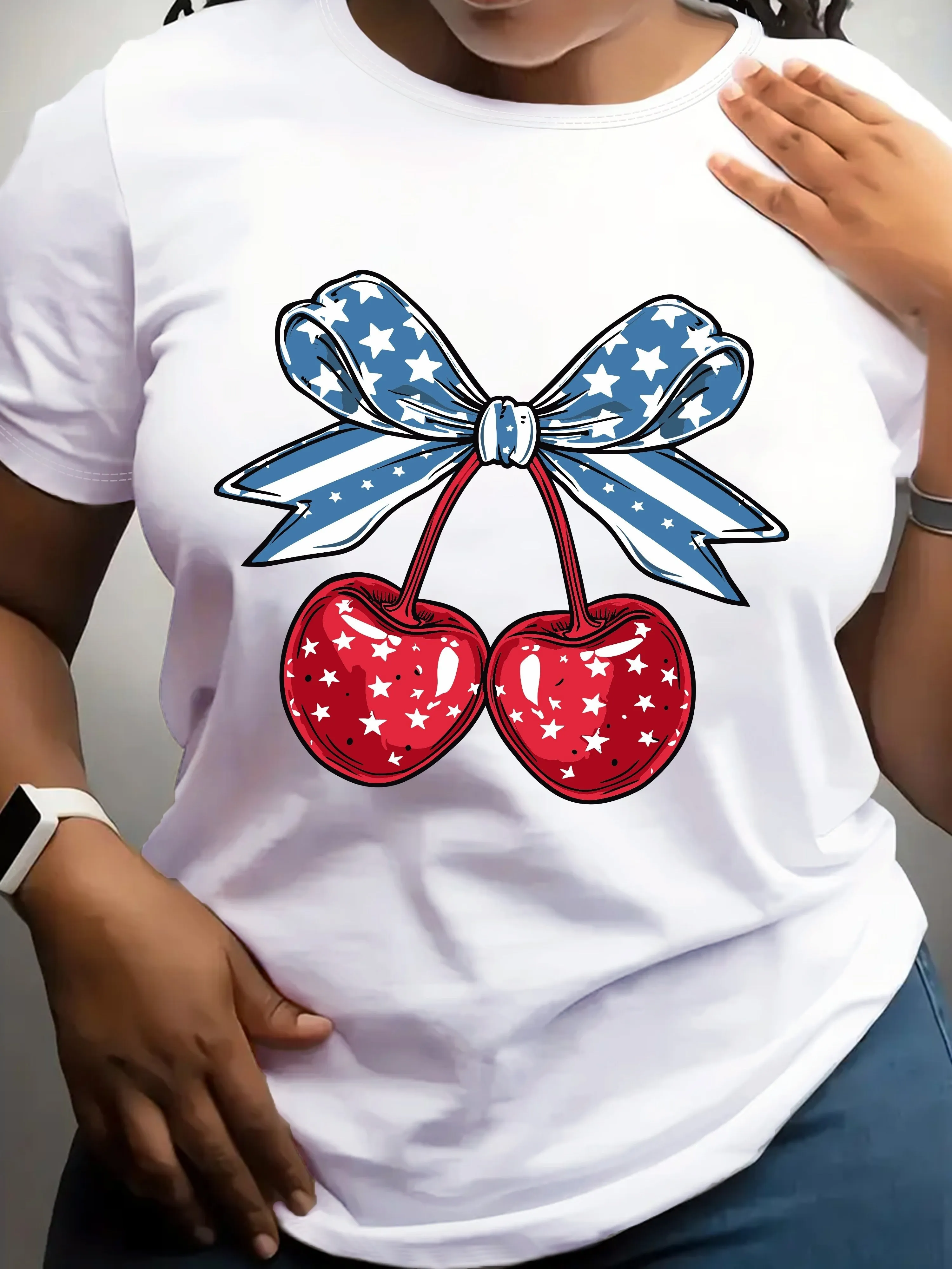 Plus Size Women Religious Patriotic Tshirt American Star Pattern Coquette Bow Starry Cherry Print Casual Short Sleeve Soft Tops Machine-Washable Versatile Shirts for Daily Wear Religious Occasions