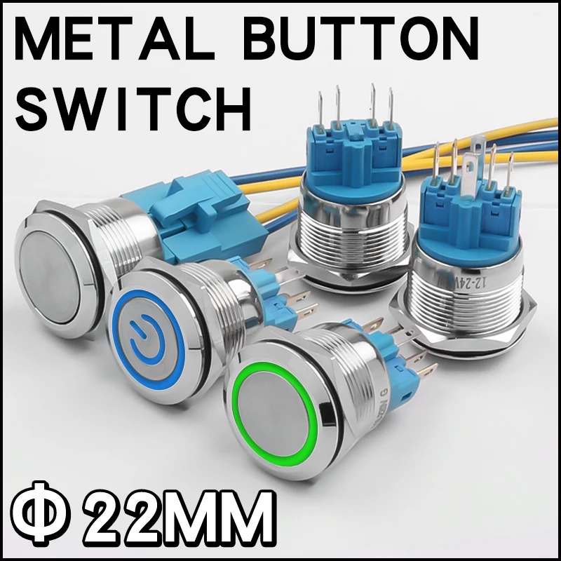 

22MM Metal Button Switch 1NO1NC Flat Head High Head With Plug-in Connector Latching Momentary Power Switch Ring Light Red Green