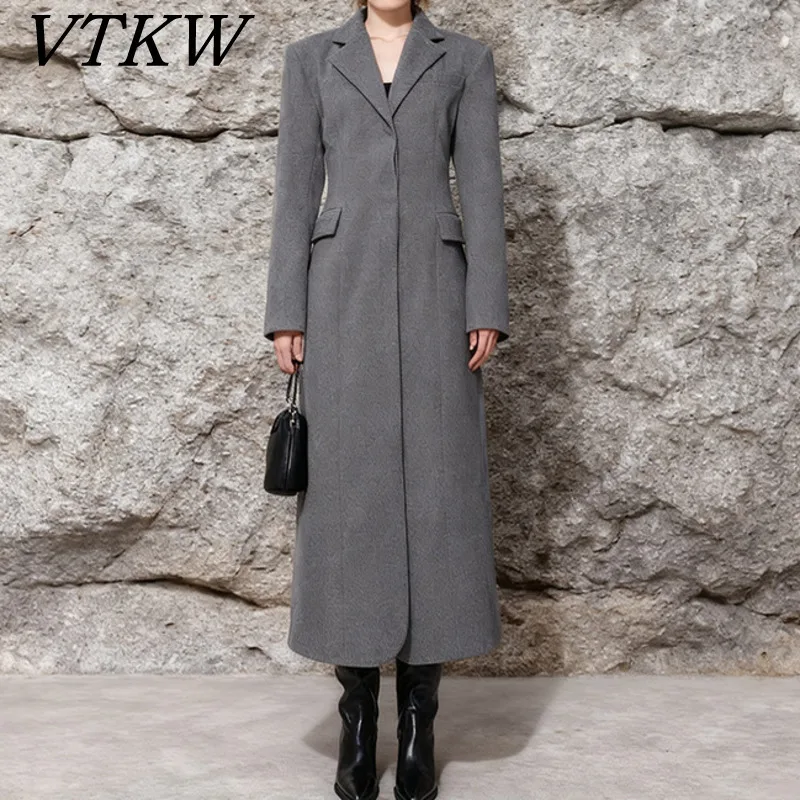 

VTKW Women's Spring 2025 New Arrival High-quality Solid Color Long Sleeve Blazer Maxi Elegant Party Cocktail Long Trench Coat