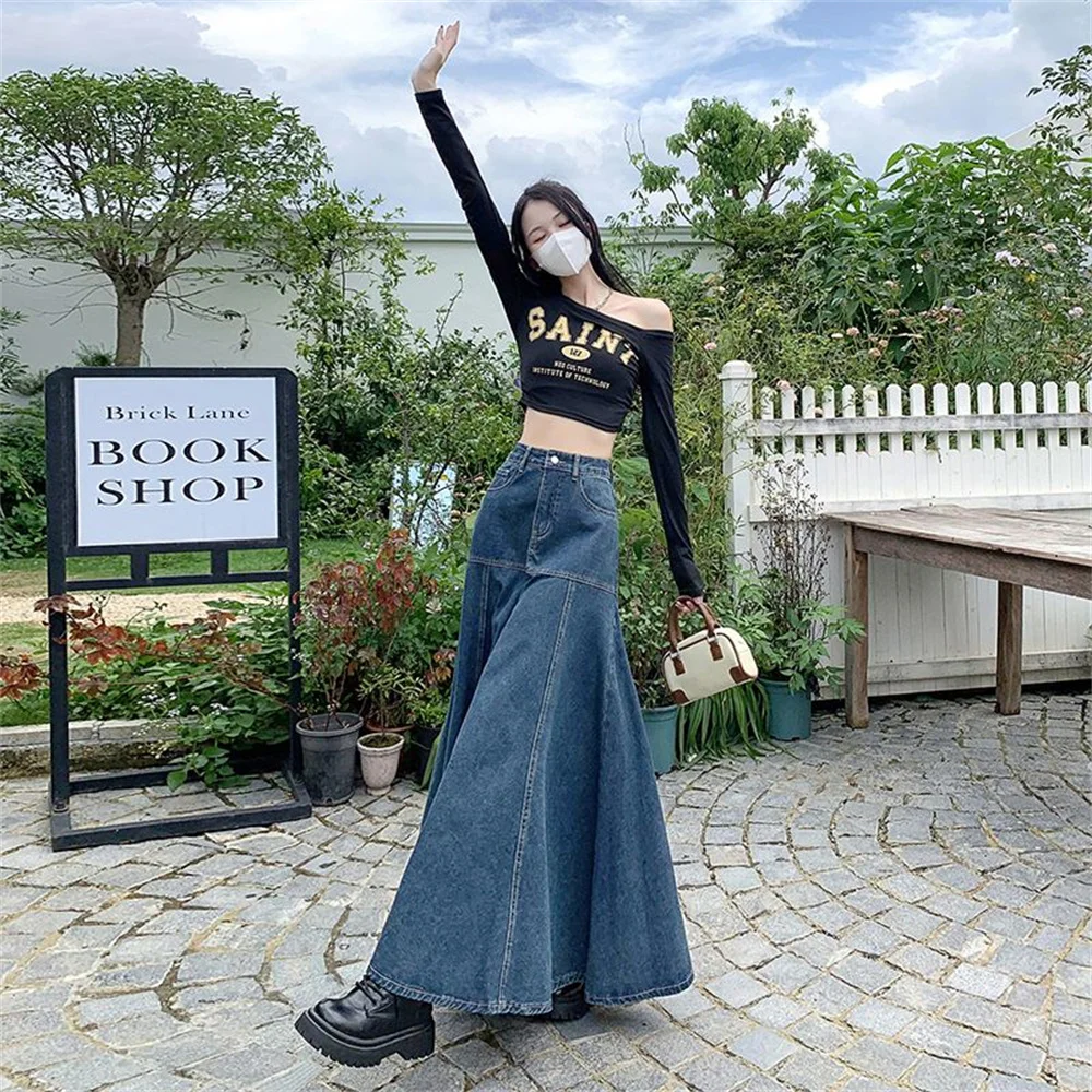 Dames Lange Rok 2024 Zomer Mode Hoge Taille Denim Rok Casual Patchwork A-Lijn Maxi Rok Elegant Wrap Lang