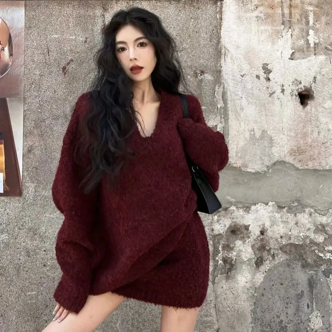 Knitted Long-Sleeved Pullover Mini Skirt Two-Piece Loose Street High-Waist Retro Tender Fashionable Temperament Versatile Suit