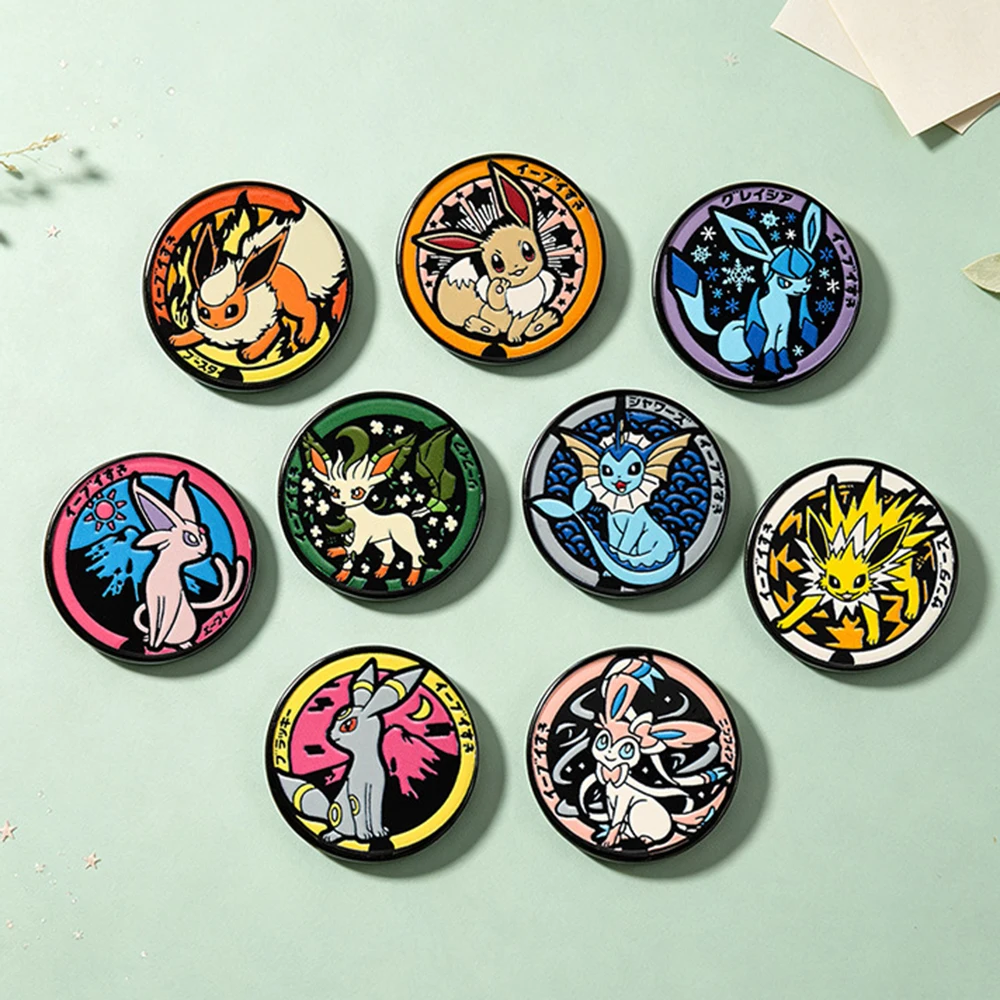 9Pcs Eevee Family Round Enamel Pins Eeveelutions Metal Brooch Lapel Badge Cartoon Anime Backpack Pin Collectible Gift Friends