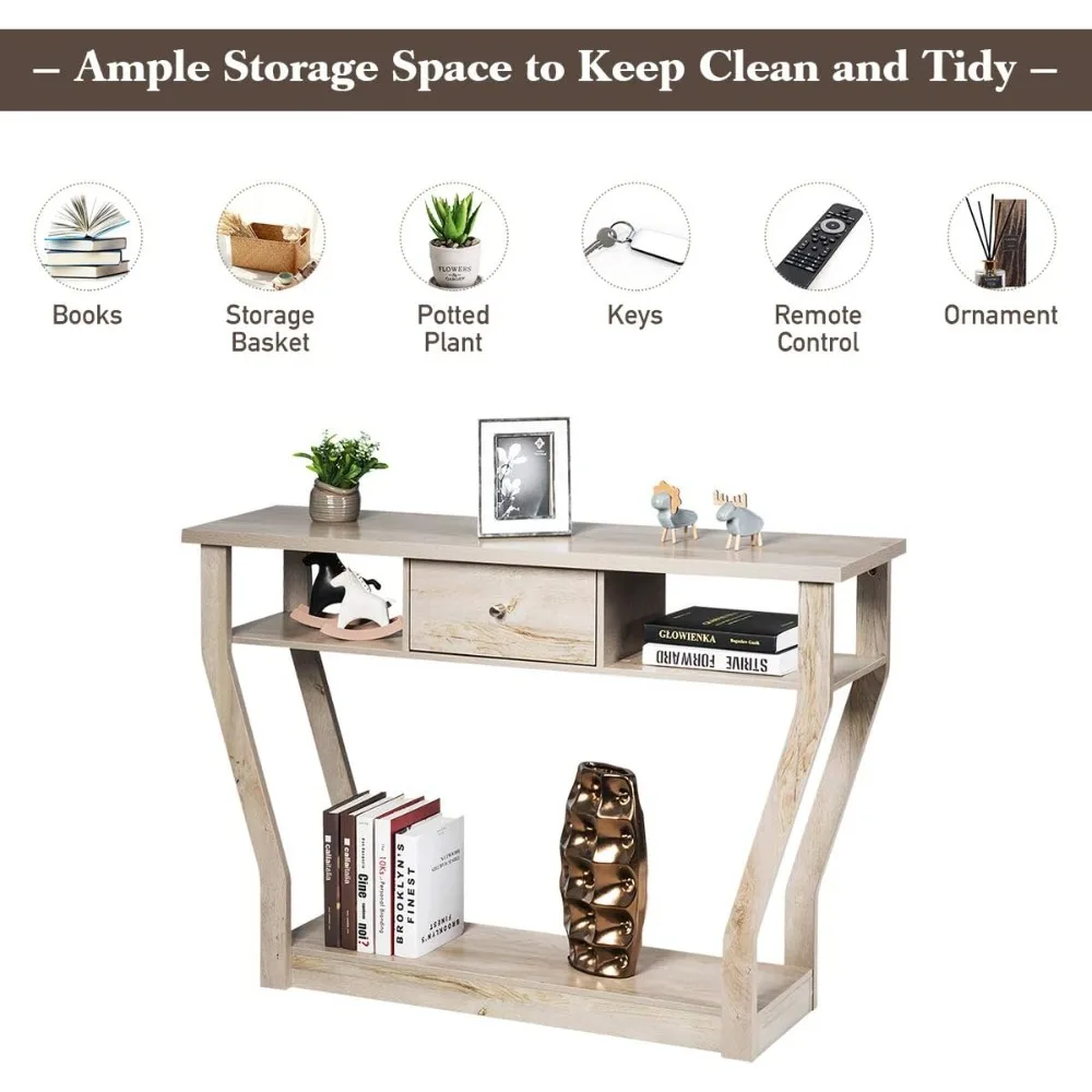 طاولة كونسول باللون الرمادي مقاس 47 بوصة - سهلة التجميع، ودرج ورف سفلي، وطاولة مميزة متعددة الوظائف للممر وغرفة المعيشة #6