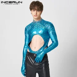 Handsome Well Fittiing Tops INCERUN New Men Fashion Sequins Hollowed Out T-shirts Party Shows Male Thimble Long Sleeved Camiseta