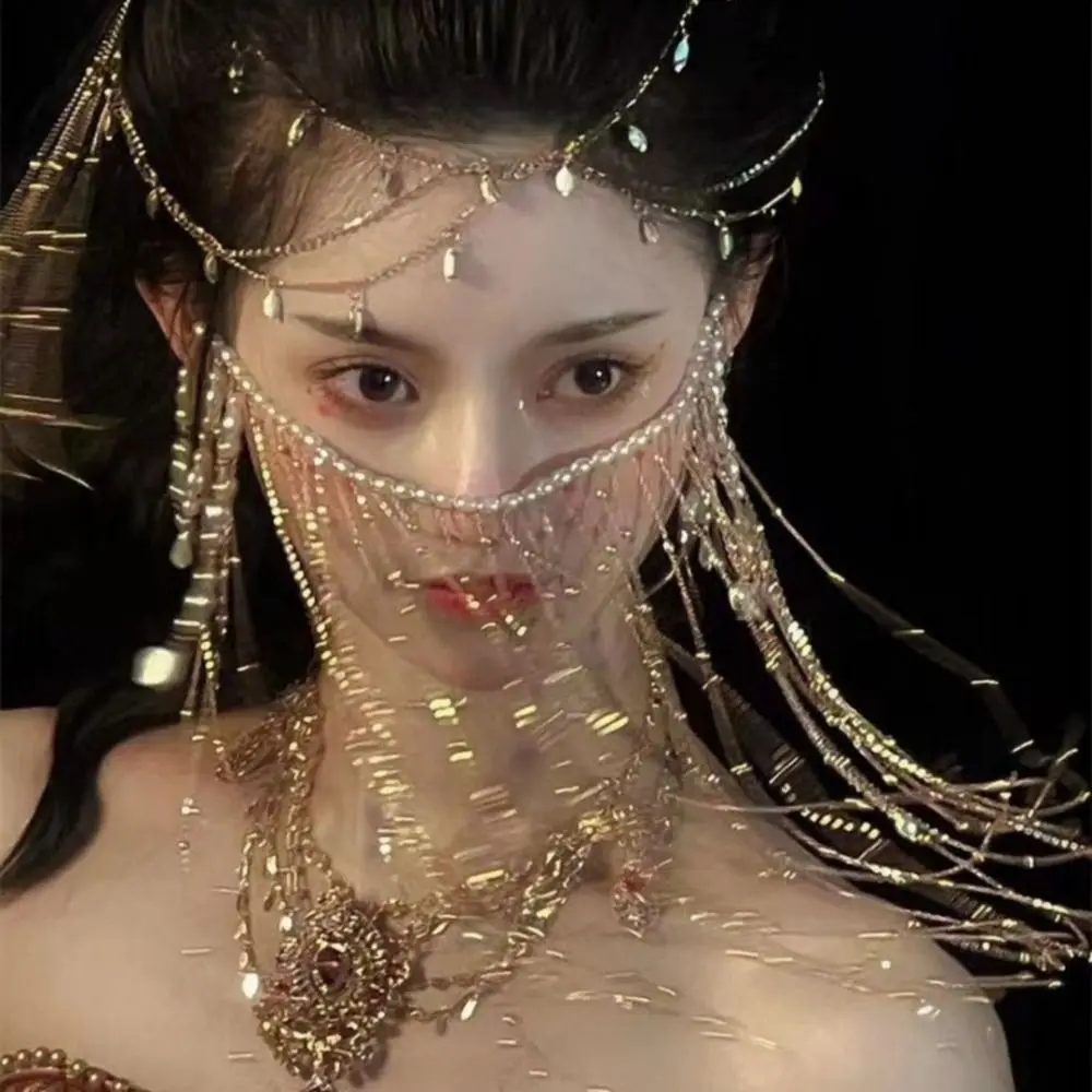 

Exaggerated Pearl Hanfu Face Chain Headdress Ancient Style Golden Fairy Mask Face Chain Full Face Mysterious Veil Men