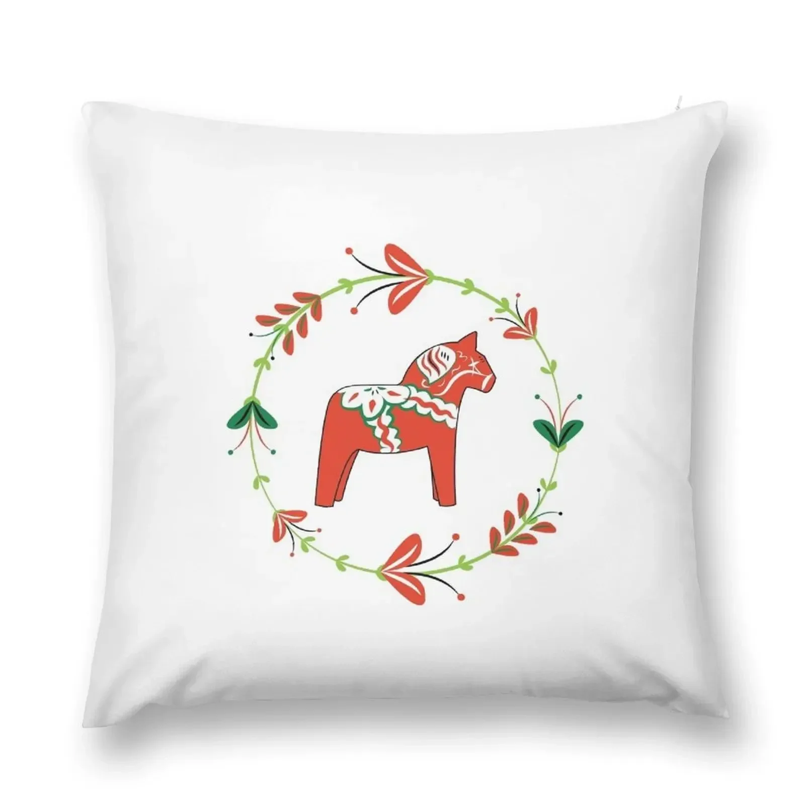 Dala Horse with Swedish Folk Art Wreath Throw Pillow pillow cover christmas Sitting Cushion pillow