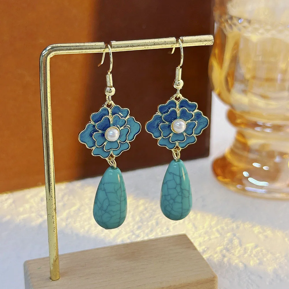 

New Chinese Style Turquoise Long Ear Hook Fashion Temperament Flower Earrings Women