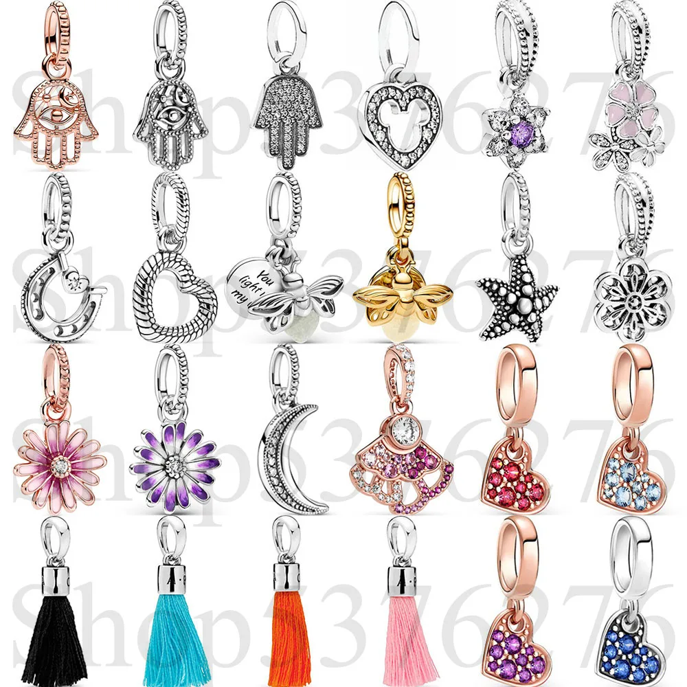 

925 Sterling Silver Bead Firefly Bright Fabric Tassel Open Heart Dangle Charm Fit Fashion Women Bracelet Bangle Gift DIY Jewelry