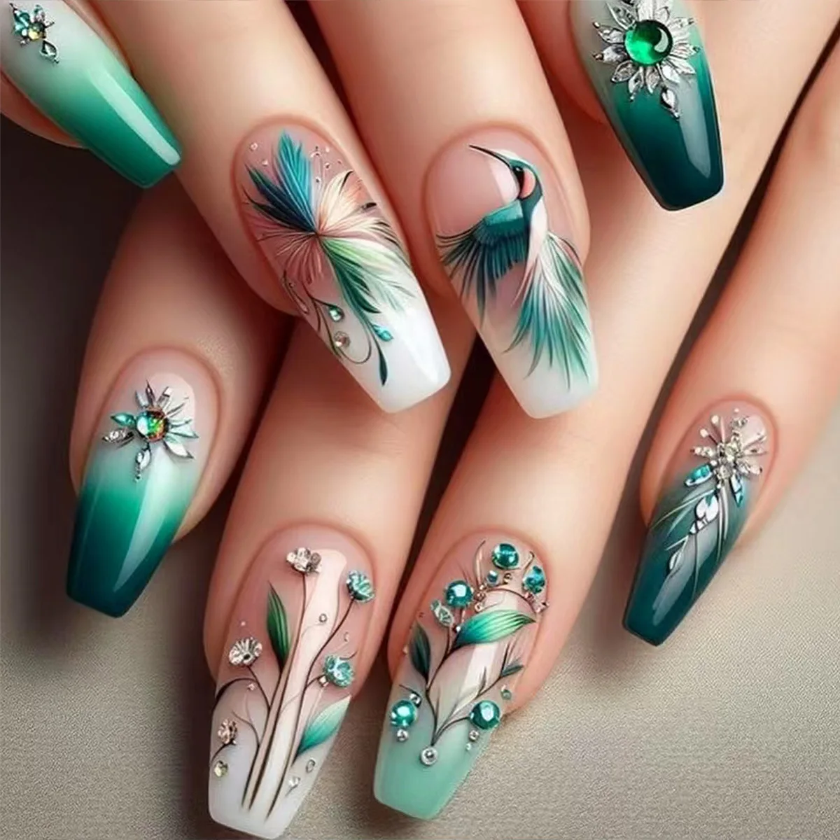 

24 шт. балетные накладные ногти для женщин, зеленый градиент, французские голубые цветы, средний гроб, накладные ногти, носимые Ins, модные маникюрные ногти