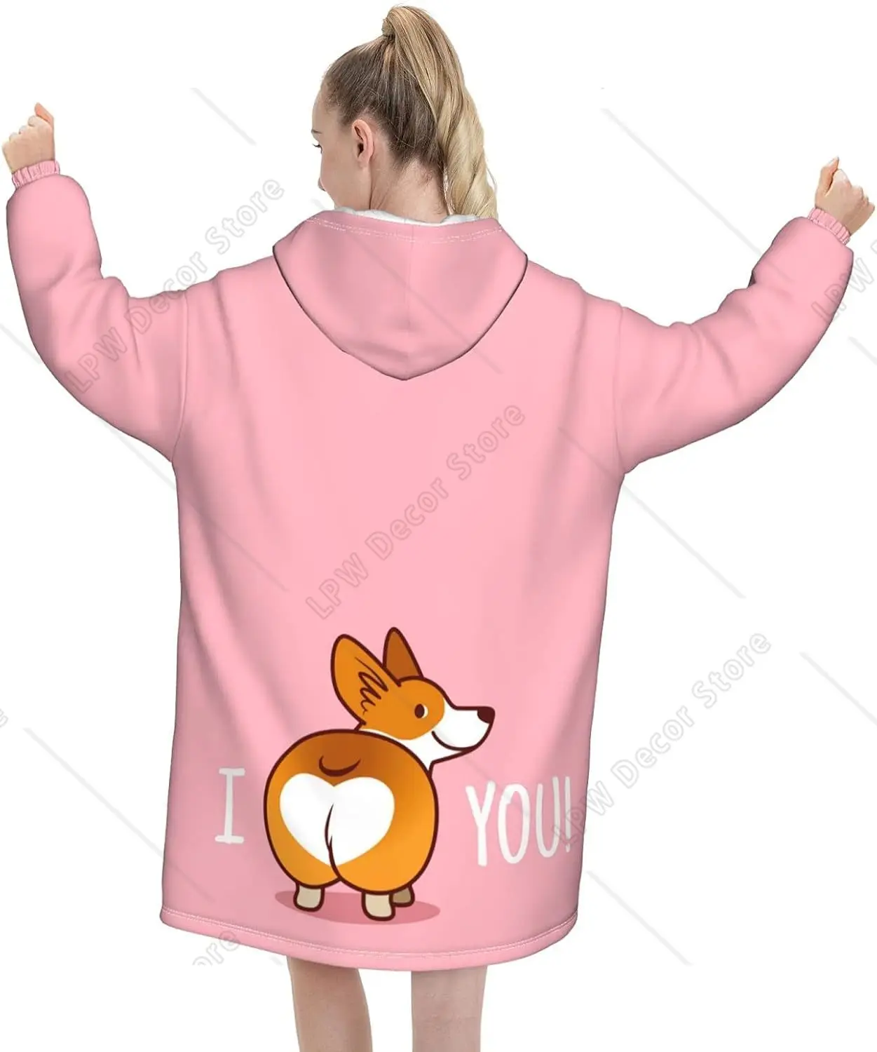 I Love You Corgi Wearable Blanket Hoodie Kids & Adult Comfy Giant Blanket Sweatshirt with Hood Front Pocket