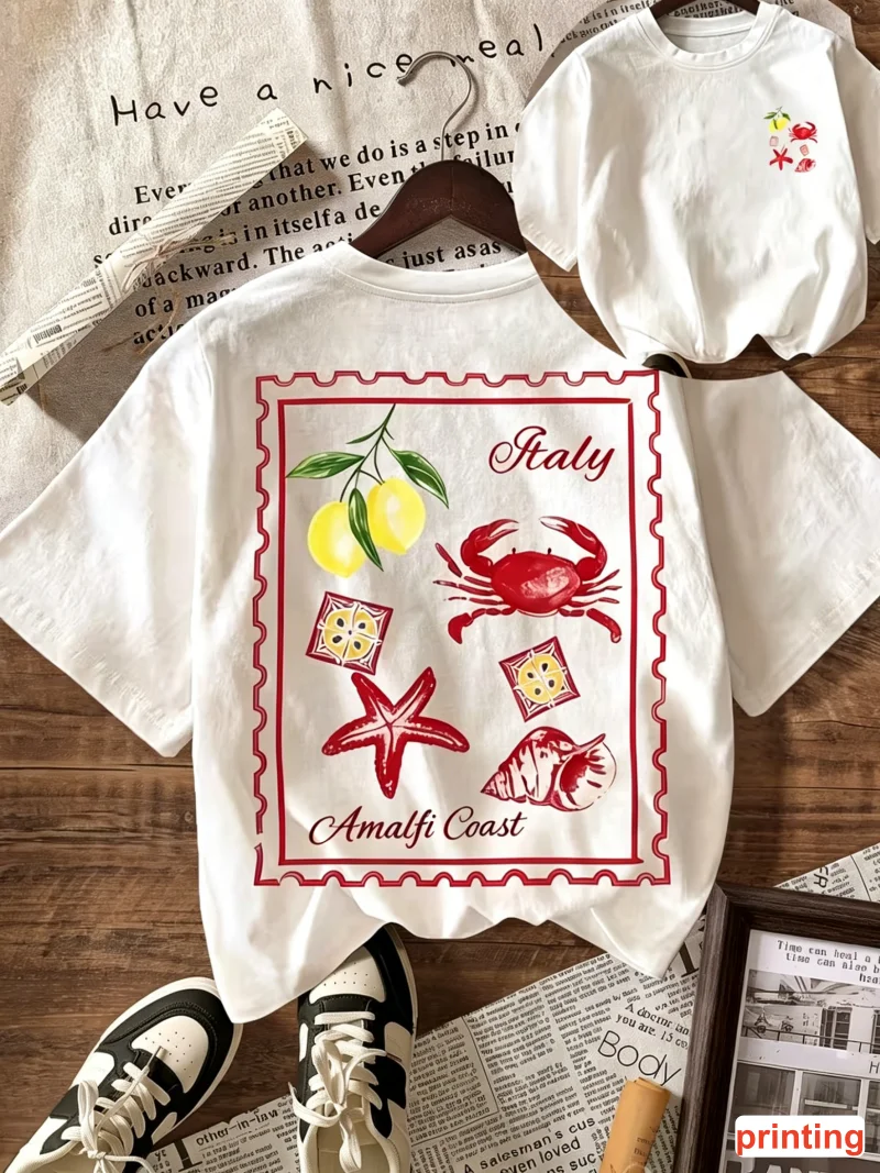 Italian Lemon Crab Stamp Graphic T-shirt Women Loose Casual Short Sleeve Summer Daily Streetwear Commuting Trendy Fashion Wear