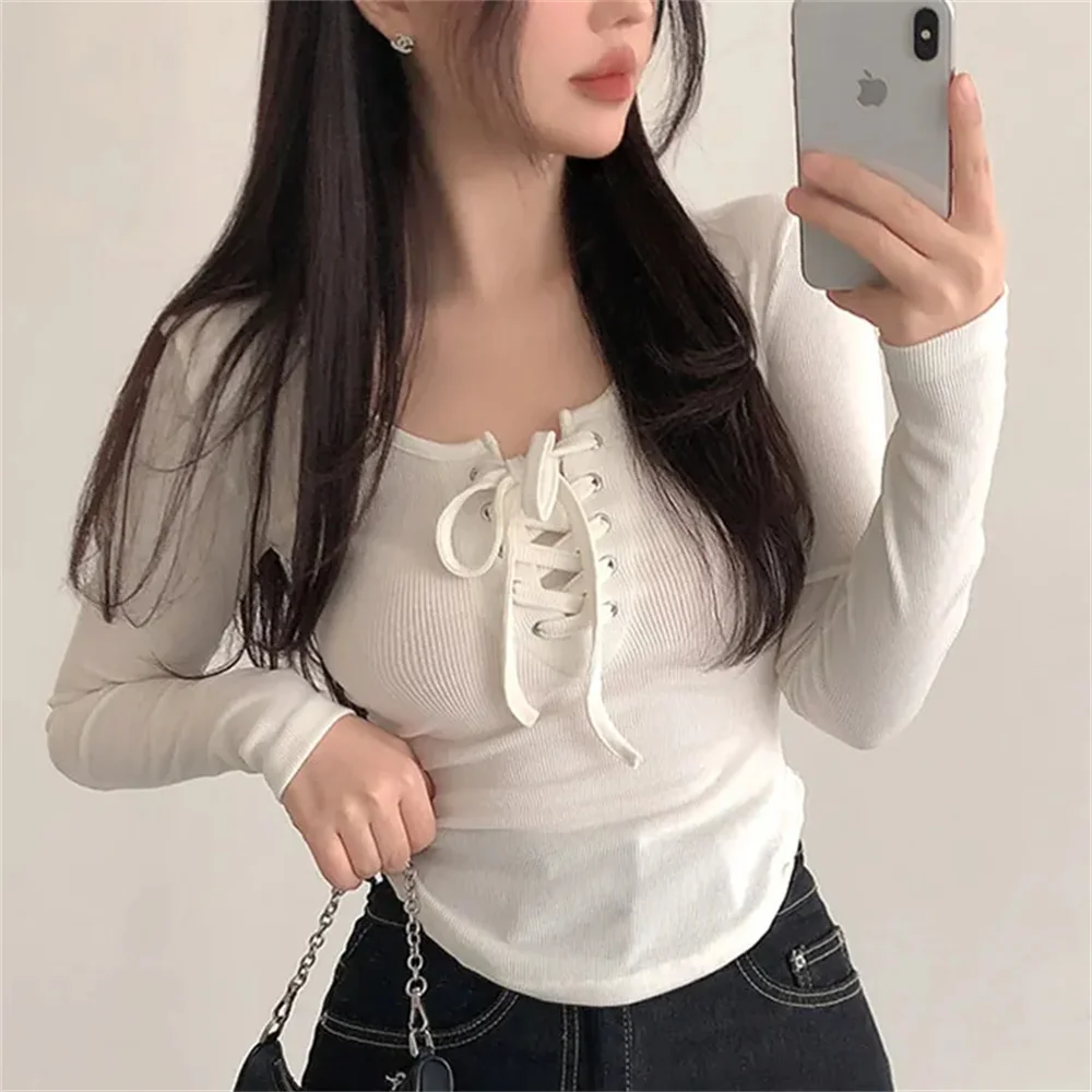 Sexy Lace-up Round Neck Long Sleeve Irregular Solid Color Slim Low-cut Women Korean Lace Up Casual Y2k Fashion All Match Ladies