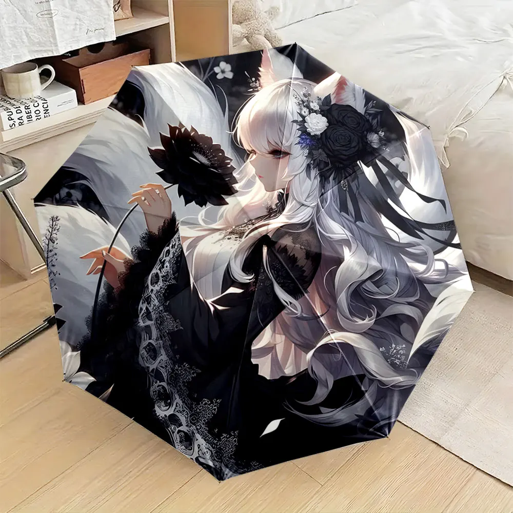 1PC Elegant Anime-Inspired Umbrella Design with Floral Details Print 8 Iron Ribs Folding Umbrella Auto-Open Fashion Sunshade