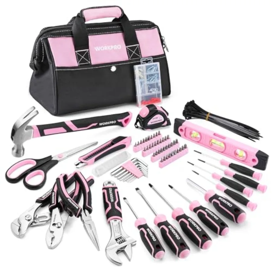 

Pink Tool Set 277 PCS Home Repairing Tool Kit Pink Tool Bag with 13-Inch Wide Mouth Open Storage Bag Portable Home Tool