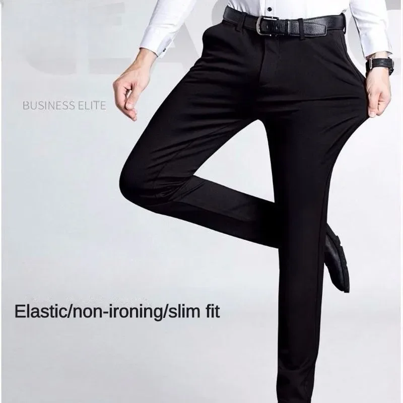 High Elasticity Slim Fit Straight Suit Pants for Men - Formal Business Dress Pants in Black Blue Dress Trousers Plus Size 28-40