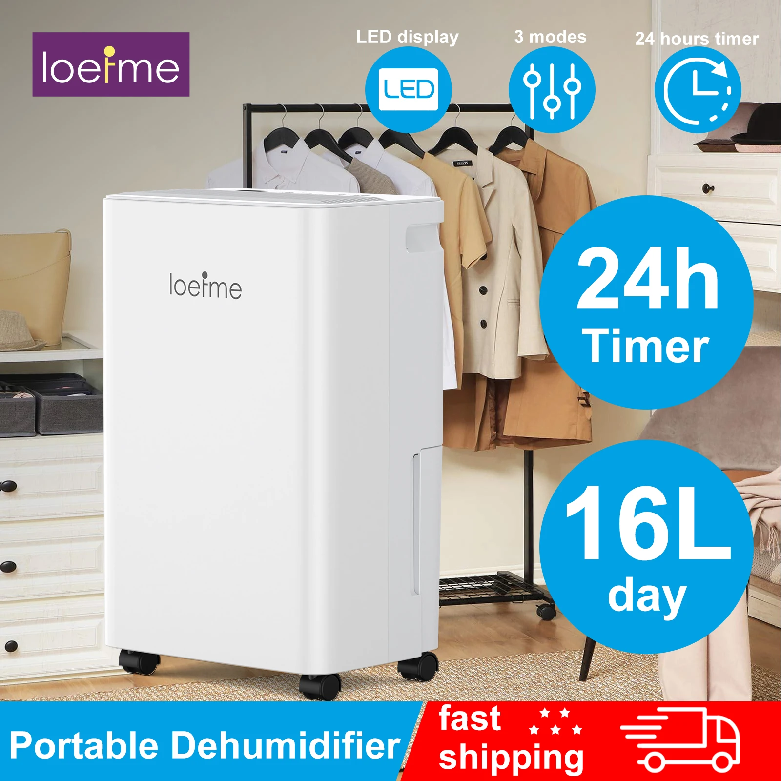 LOEFME Elektrischer Luftentfeuchter, Abtauen, 24-Stunden-Timer, Smart Home, Schlafzimmer, Keller, automatisch, 16 l/24 Stunden, 2 l Wassertank mit Rollen, Rohre