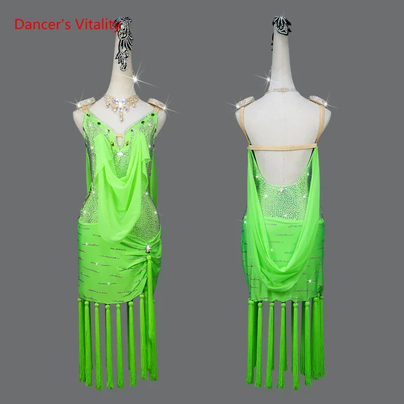 Latin Danswedstrijd Kostuum Jurk Voor Vrouwen Latin Dansen Rok High-End Custom Seniore Stenen Chacha Dance Outift Dragen