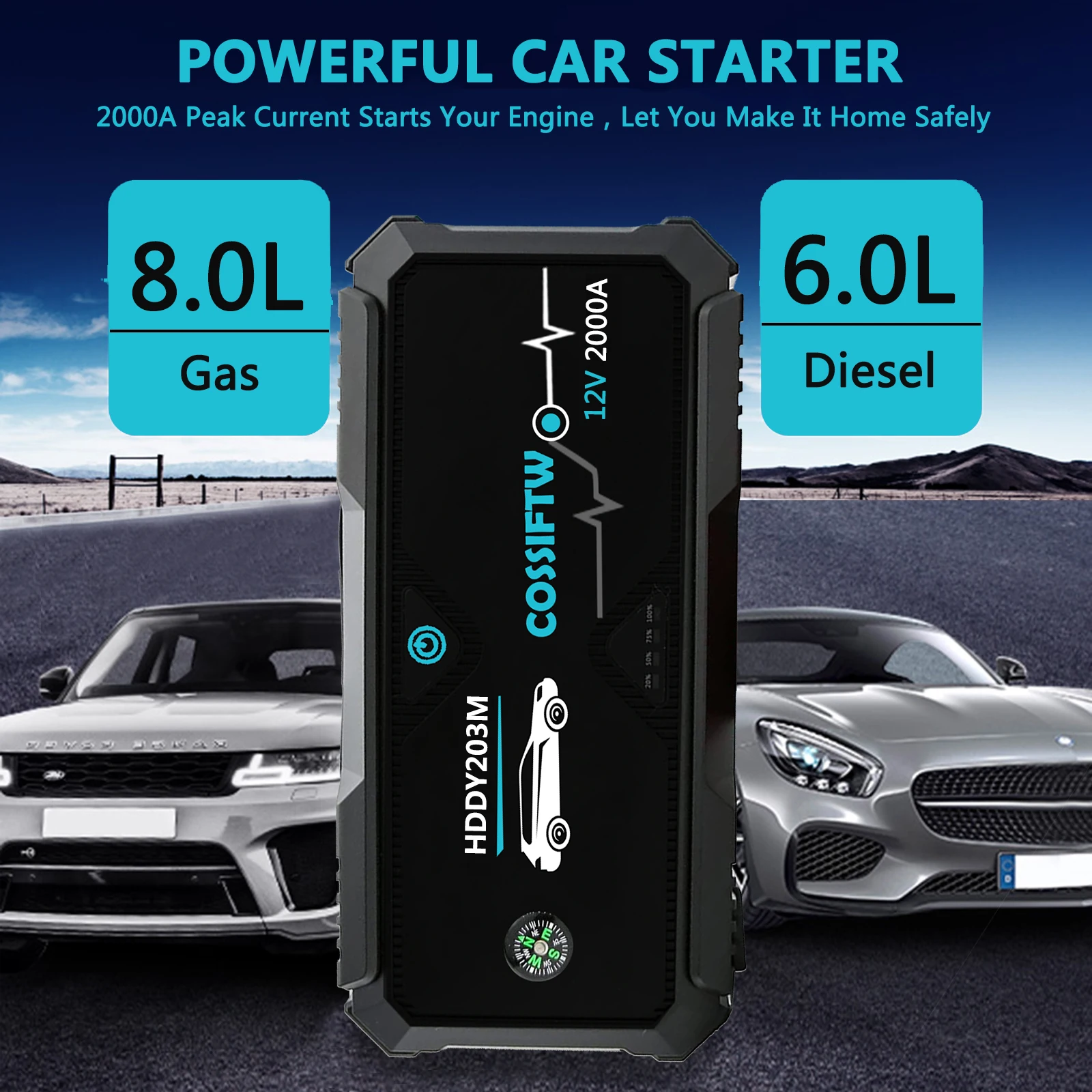 

2024 New Upgrade 2000A Jump Starter Starting Device Booster Power Bank Lighting USB For 8.0L Gasoline Vehicle/6.0L Diesel Car