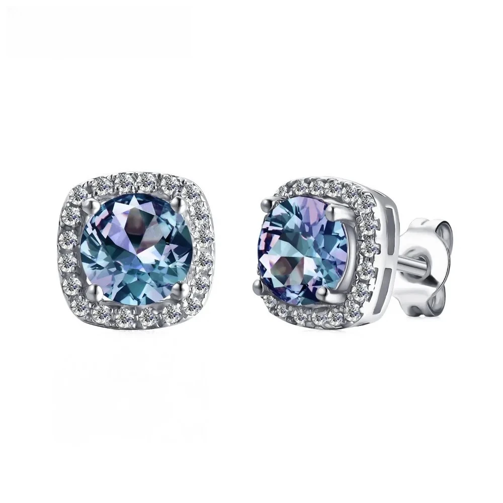 Ear Studs Inlaid Alexandrite Stone White Gold Plated 100% 925 Sterling Silver Elegant Hypoallergenic Fashion Jewelry
