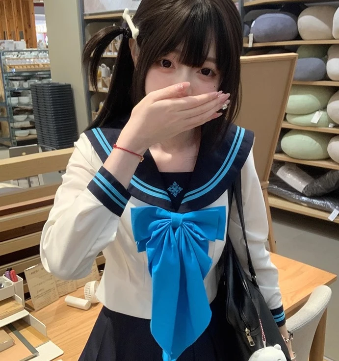 Japanese College JK Sailor Uniform Slim Summer New Striped Splicing Cute Bow Collar Top Temperament Sweet Versatile Short Skirt