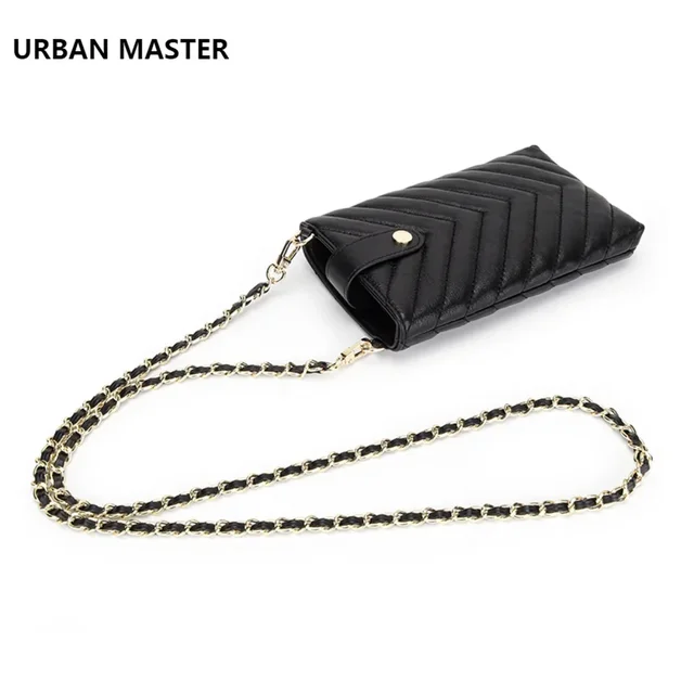 URBAN MASTER damskie czarne torby na telefon prawdziwej skóry owczej modna chusta z łańcuszkiem na ramię miękka mini torebka typu crossbody