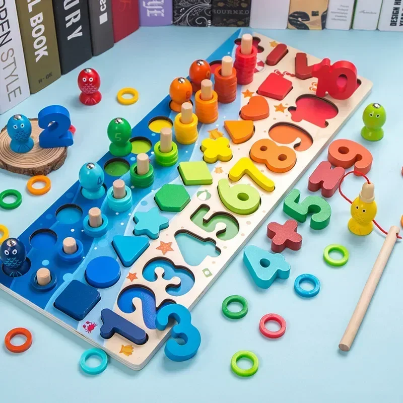 Kids Montessori Educational Wooden Math Toys Children Busy Board Count Shape Colors Match Fishing Puzzle Learning Toys Gifts