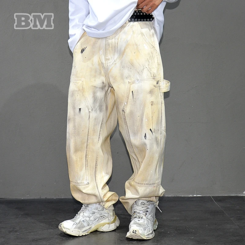 

Корейская уличная одежда, белые потертые винтажные джинсы-карго для мужчин, свободные прямые джинсовые брюки, штаны в стиле хип-хоп
