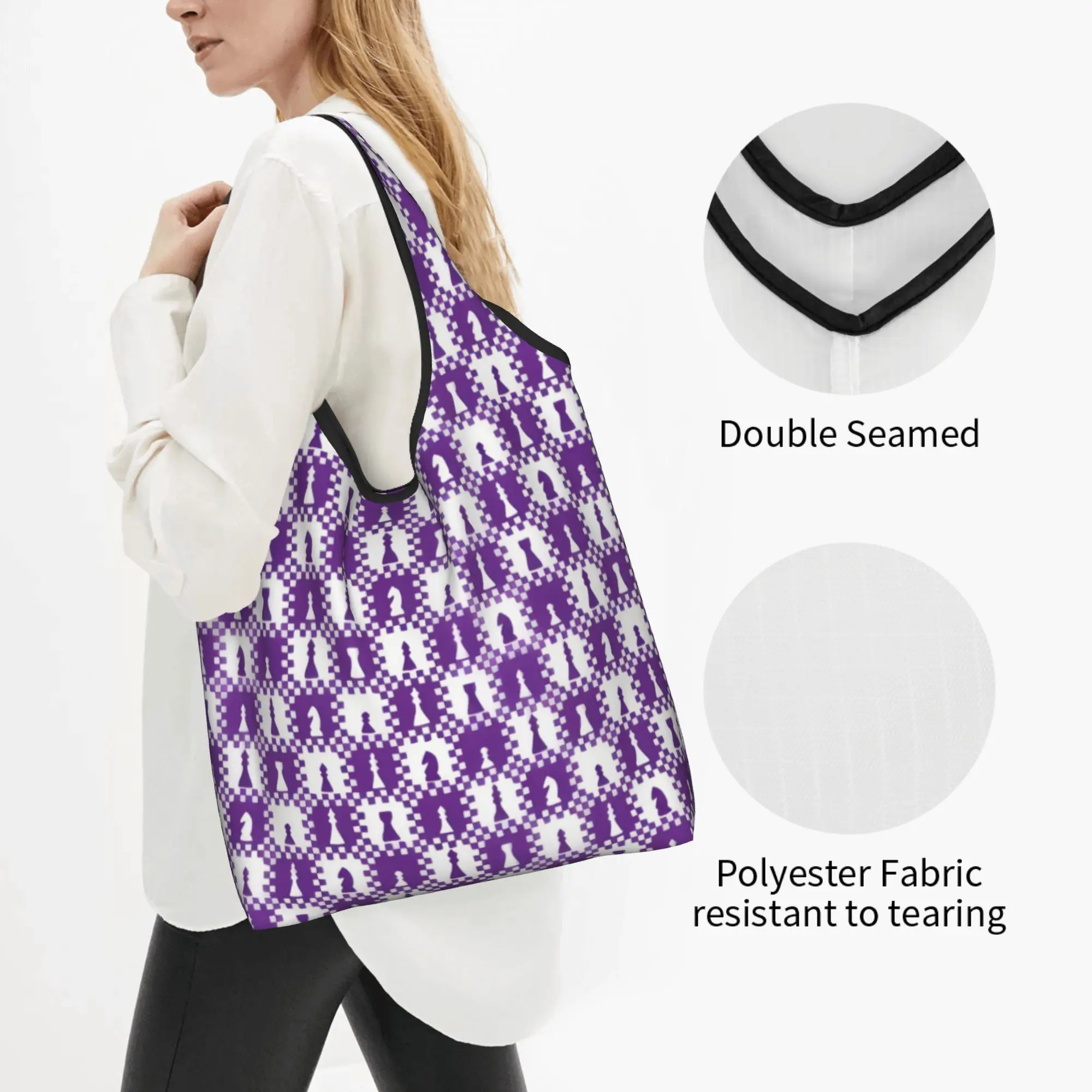 Chessmen Game Pieces on Checkerboard in Purple and White Grocery Shopping Bag Cute Shopper Shoulder Tote Bag  Portable  Handbag