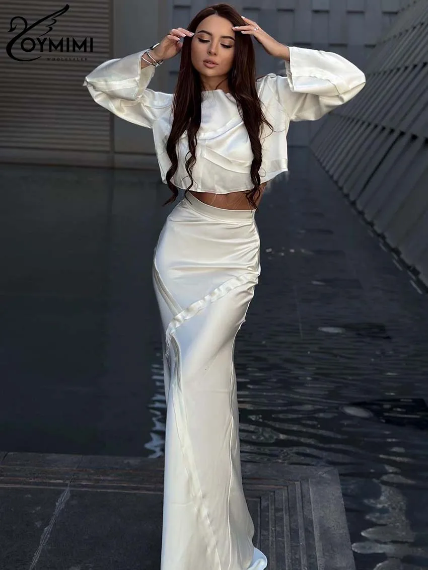 Oymimi Fashion White Satin 2 Piece Sets Women Outfit Elegant O-Neck Long Sleeeve Crop Tops And Slim Floor-Length Skirts Sets