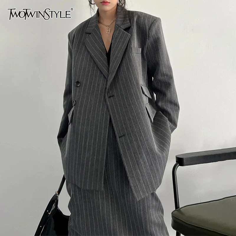 TWOTWINSTYLE Colorblock Striped Casual Blazer For Women Notched Collar Long Sleeve Patchwork Single Breasted Blazers Female New