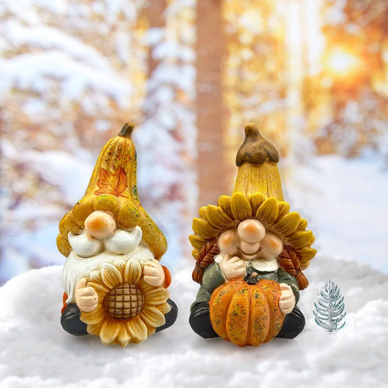 Garden Gnome Statue, Resin Gnome Figurine, Pumpkin Ornaments, Outdoor Statues, Home Decor, Fall Harvest, Thanksgiving, 2 Pack